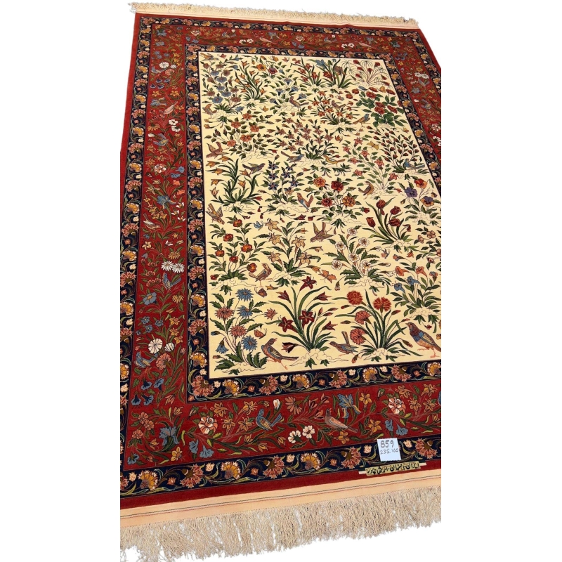Hand-knotted Persian rug with red floral border and beige center, 240x160 cm