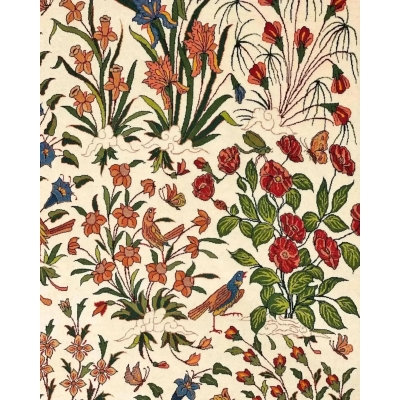 "Persian rug from Isfahan with delicate floral and bird motifs, made from a blend of silk and wool, 240x160 cm."