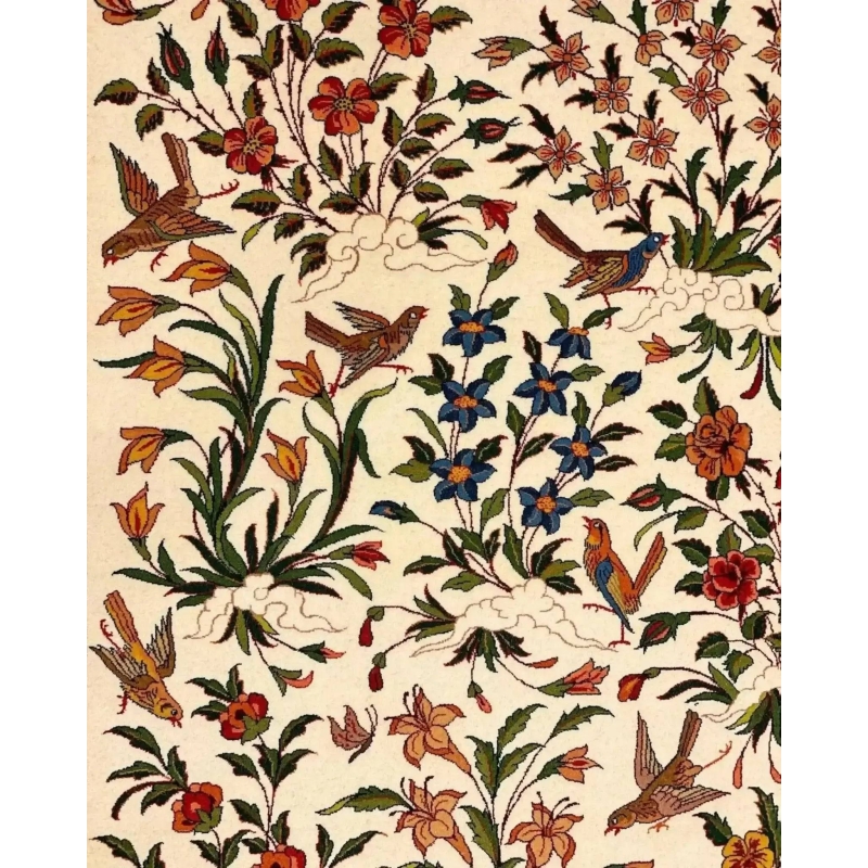 "Authentic Isfahan Persian rug crafted by Ahmad Shahbpour, featuring floral patterns in silk and wool, 7.9x5.2 feet."
