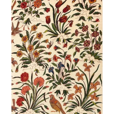 "Elegant Persian area rug with a detailed floral and bird design, handwoven in Isfahan, wool and silk blend, 240x160 cm."
