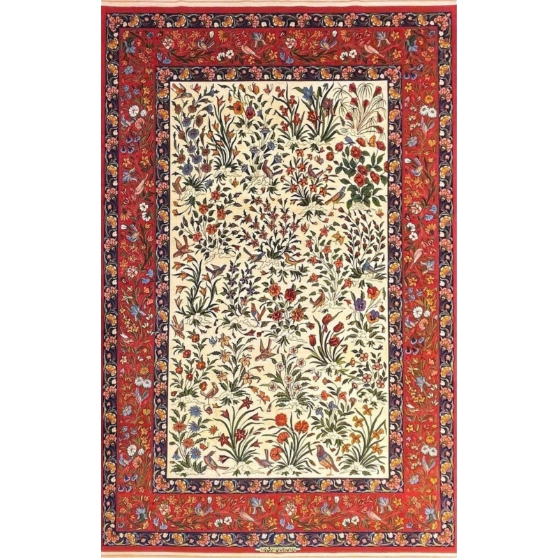 "Hand-knotted Persian rug from Isfahan, designed with intricate floral patterns, made of wool and silk, 240x160 cm."