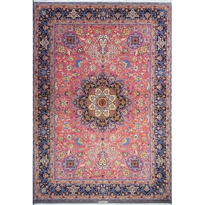 Hand-knotted purple oriental rug with intricate floral patterns, highlighting a vibrant medallion in the center, surrounded by a decorative border.