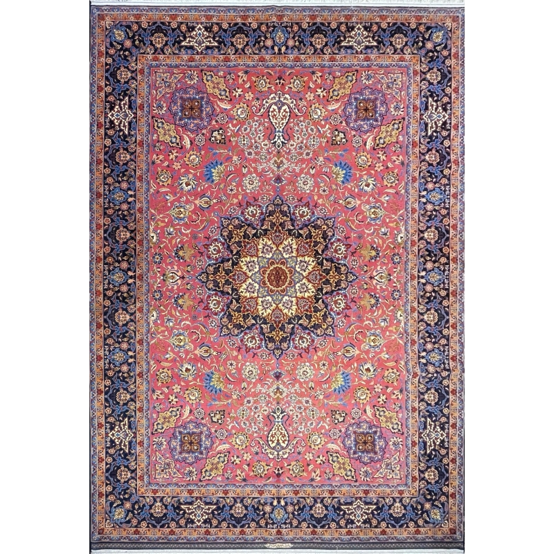 Hand-knotted purple oriental rug with intricate floral patterns, highlighting a vibrant medallion in the center, surrounded by a decorative border.