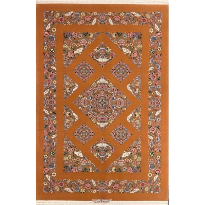 Hand-knotted Isfahan rug featuring a Kazak-inspired geometric design and floral border.
