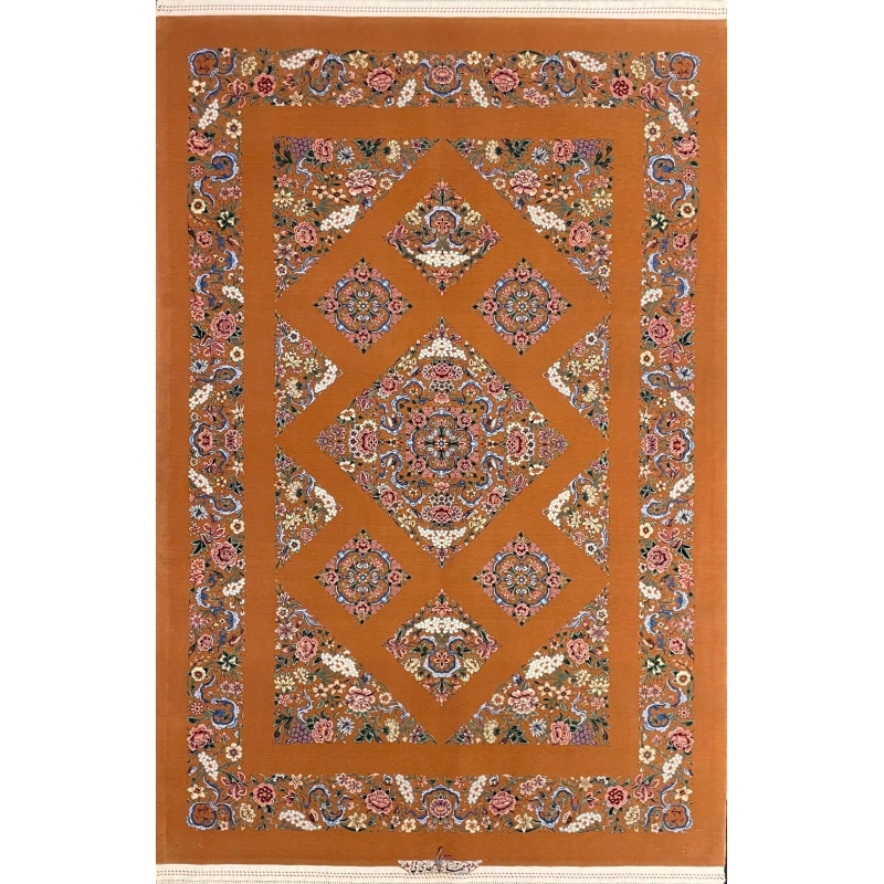 Hand-knotted Isfahan rug featuring a Kazak-inspired geometric design and floral border.