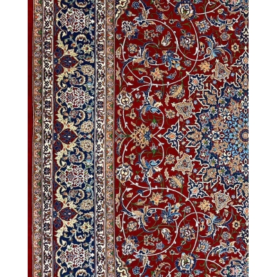 "Persian masterpiece rug with vibrant red field and detailed borders."