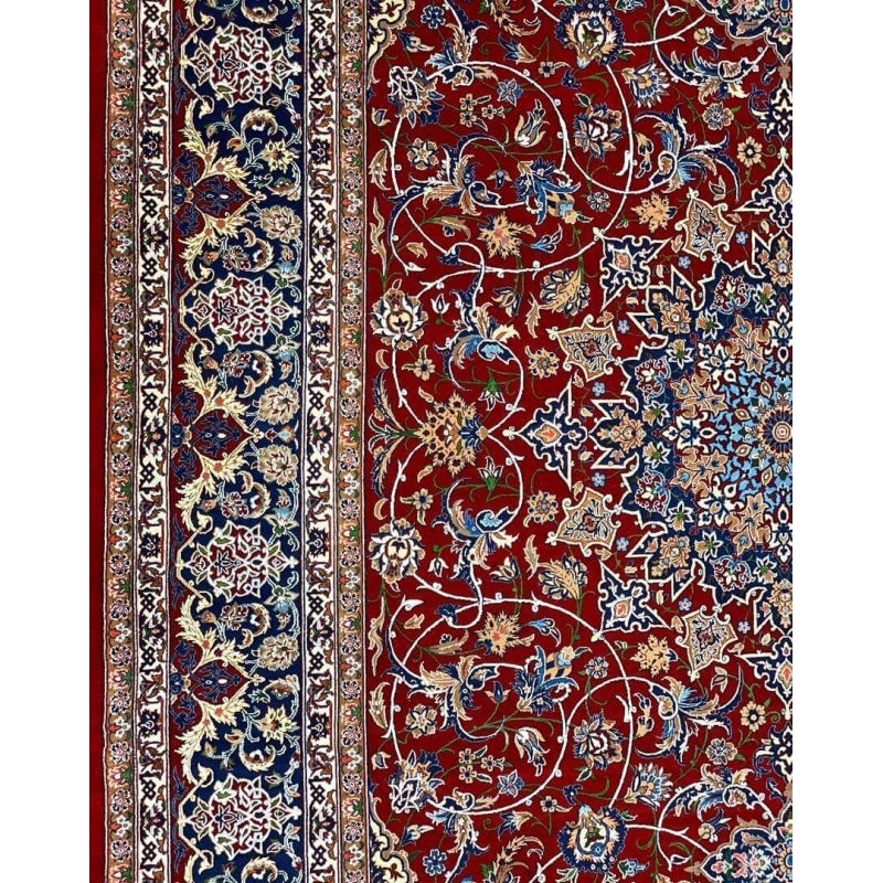 "Persian masterpiece rug with vibrant red field and detailed borders."