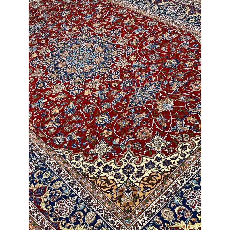 "Persian masterpiece rug with vibrant red field and detailed borders."