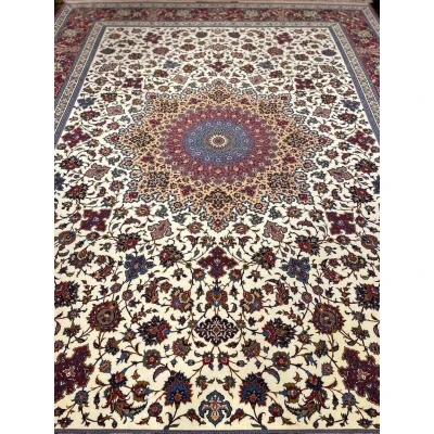 "Isfahan handmade Persian rug by Late Master Ahmad Seirafian with intricate floral medallion designs."
