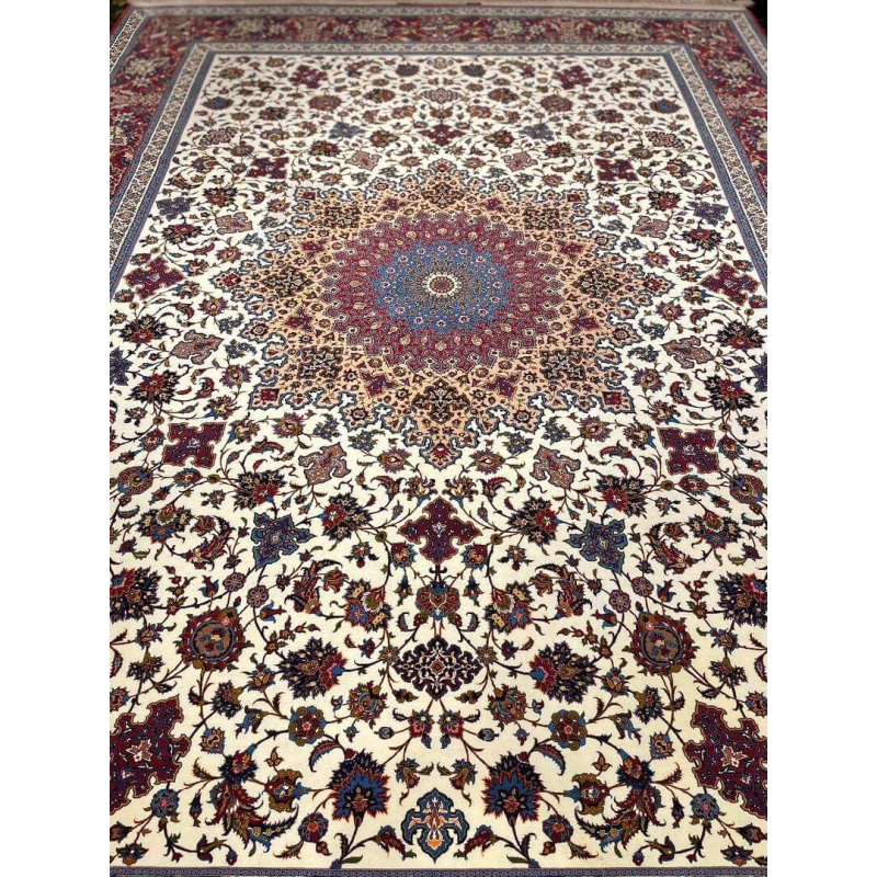 "Isfahan handmade Persian rug by Late Master Ahmad Seirafian with intricate floral medallion designs."