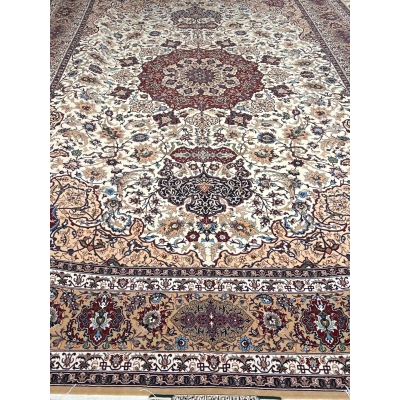 "Traditional Isfahan rug crafted with natural dyes and fine silk warp."