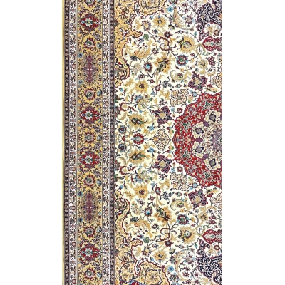 "Luxury Persian rug crafted in Isfahan, showcasing gold, cream, and burgundy tones."