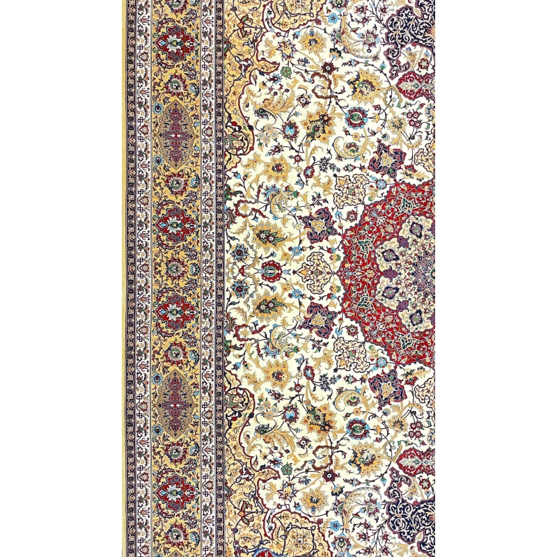 "Luxury Persian rug crafted in Isfahan, showcasing gold, cream, and burgundy tones."