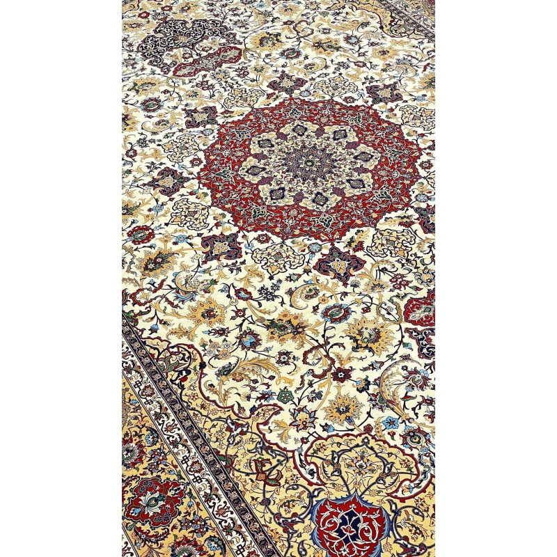 "Hand-knotted Isfahan rug by Master Seirafian, featuring a silk and wool pile."