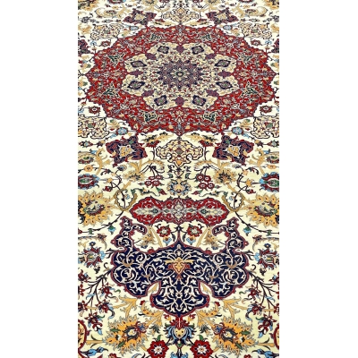 "Elegant Isfahan rug with arabesque and geometric patterns on a gold backdrop."