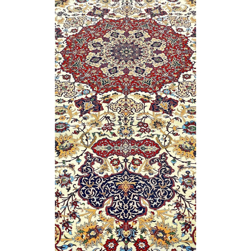 "Elegant Isfahan rug with arabesque and geometric patterns on a gold backdrop."
