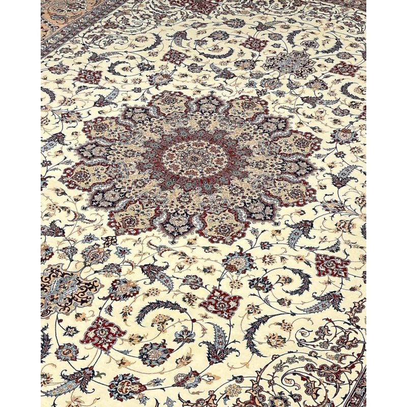 "Luxury Persian rug with cream, blue, and burgundy hues, crafted in Isfahan, Iran."