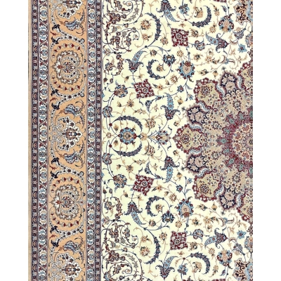 "High-knot-density rug (1,440,000 knots/m²) with intricate floral patterns and silk foundation."