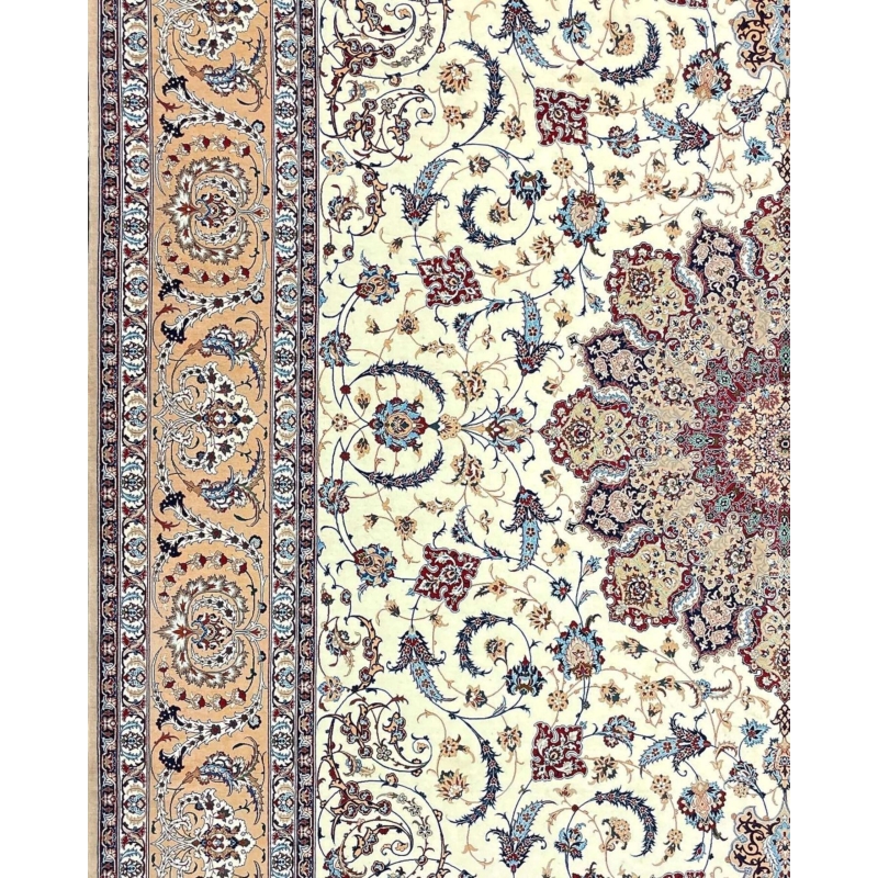 "High-knot-density rug (1,440,000 knots/m²) with intricate floral patterns and silk foundation."