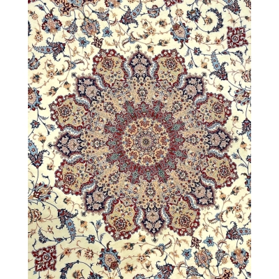 "Elegant Isfahan rug with wool and silk blend, designed for sophisticated interiors."