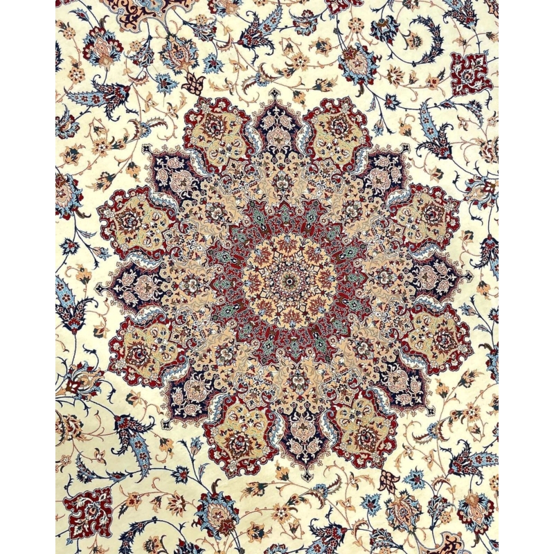 "Elegant Isfahan rug with wool and silk blend, designed for sophisticated interiors."