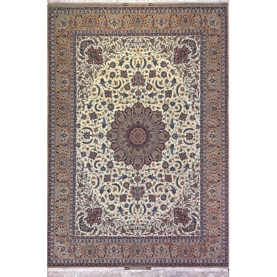 "Hand-knotted Isfahan rug by Master Bagher Seirafian, featuring a central floral medallion."