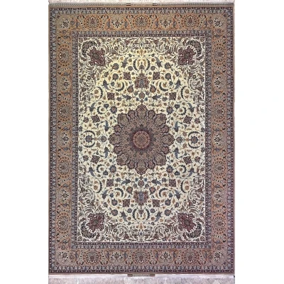 "Hand-knotted Isfahan rug by Master Bagher Seirafian, featuring a central floral medallion."
