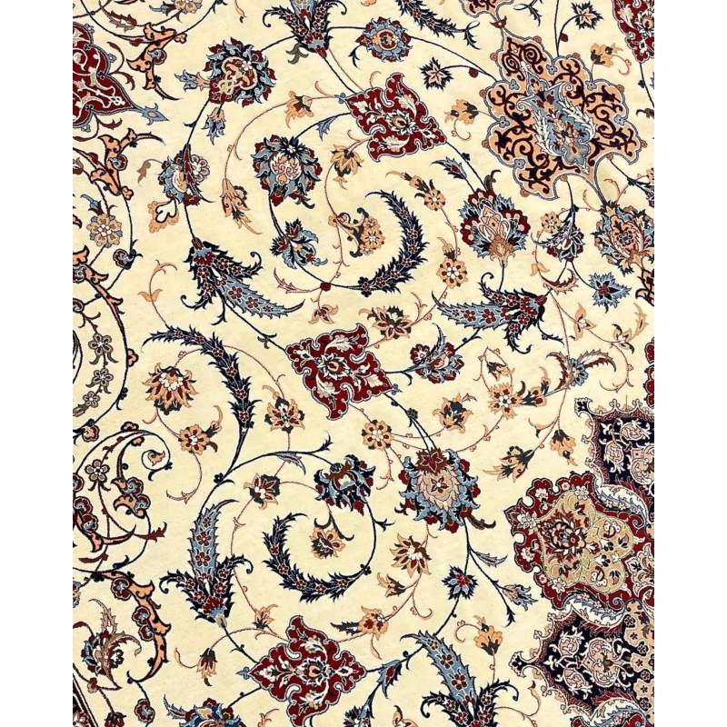 "Handcrafted Persian carpet with intricate floral motifs on a cream background."