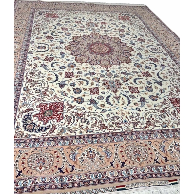 "Authentic Persian silk and wool rug by Master Bagher Seirafian, crafted in Isfahan."