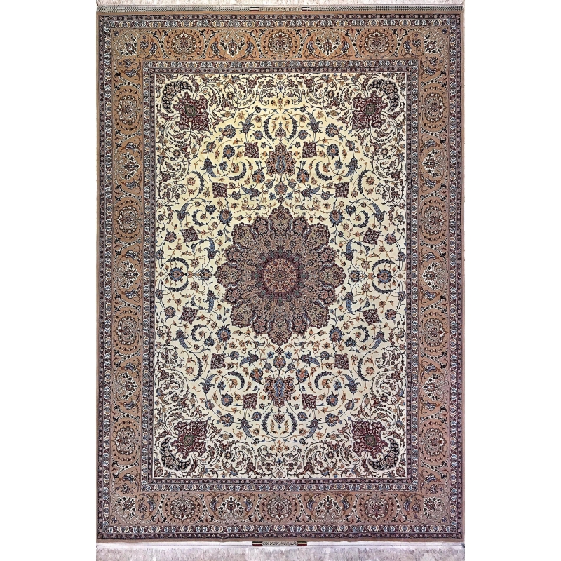 "Hand-knotted Isfahan rug by Master Bagher Seirafian, featuring a central floral medallion."
