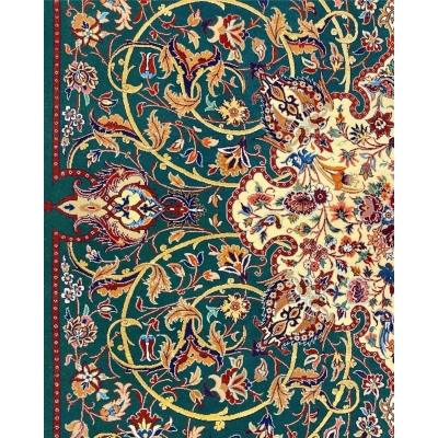 High-quality Persian carpet with emerald green base and rich traditional designs.