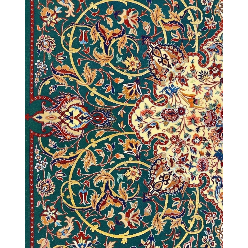High-quality Persian carpet with emerald green base and rich traditional designs.