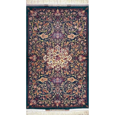 Emerald green Persian rug with intricate floral medallion design by Bagher Seirafian.
