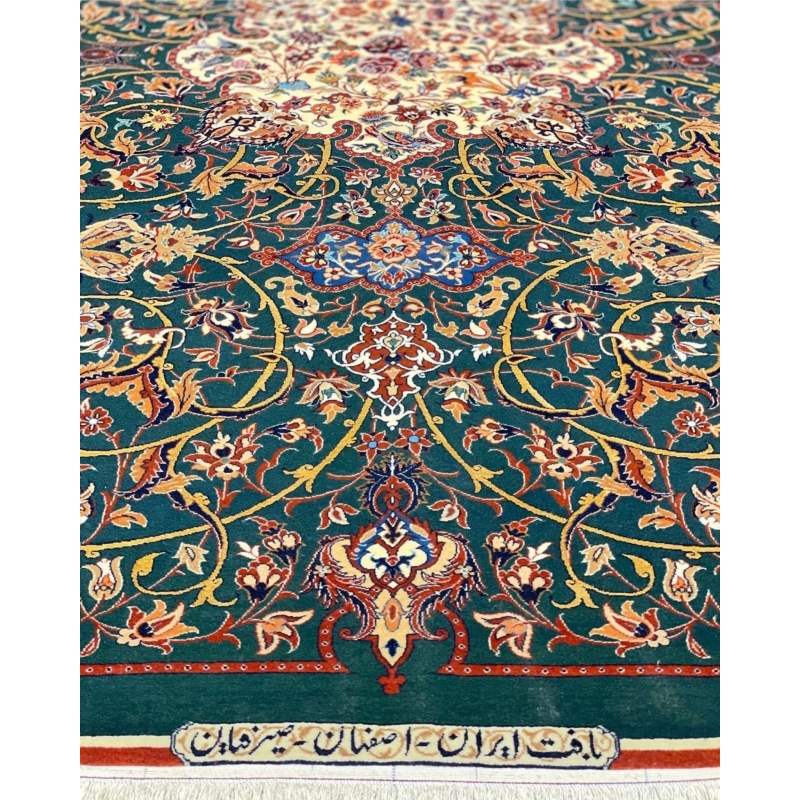 Hand-knotted Isfahan rug featuring gold, burgundy, and ivory floral patterns.