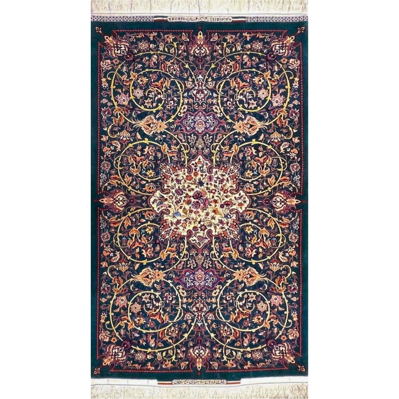 Emerald green Persian rug with intricate floral medallion design by Bagher Seirafian.
