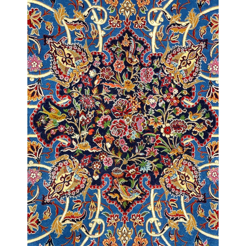 Master Bagher Seirafian’s handmade Persian rug featuring detailed knot work.