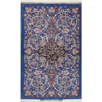 Royal blue Persian rug with intricate floral medallion design by Bagher Seirafian.