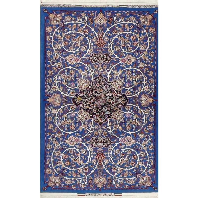 Royal blue Persian rug with intricate floral medallion design by Bagher Seirafian.