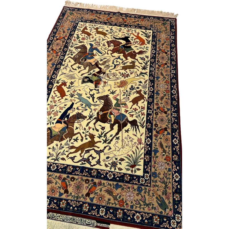Close-up of the intricate hunting scene design on a Seirafian Persian rug, showcasing fine craftsmanship.