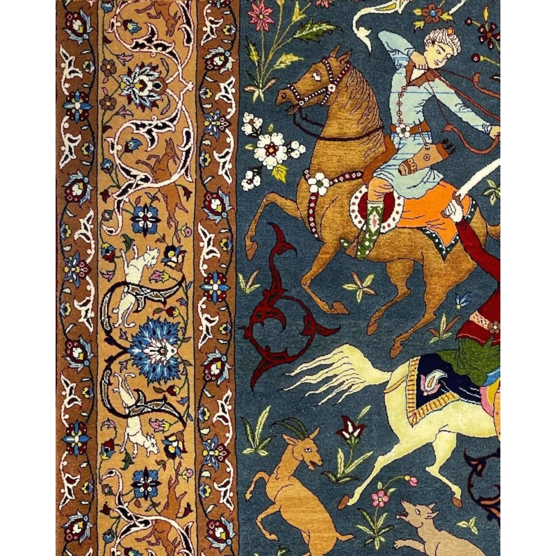 Luxury Persian rug showcasing vibrant hunting designs and floral patterns.