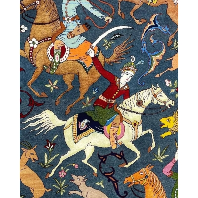 Detailed hunting scene rug with horsemen and wildlife, crafted in Isfahan.