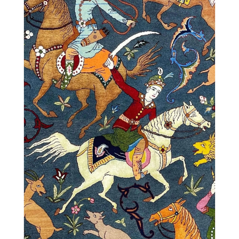 Detailed hunting scene rug with horsemen and wildlife, crafted in Isfahan.