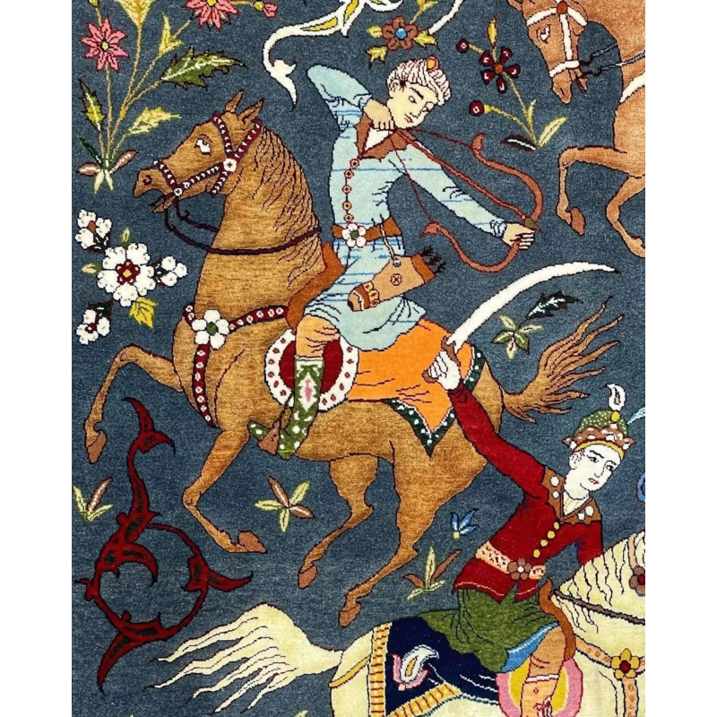 Hunting-themed Persian rug with vibrant colors and intricate floral borders.
