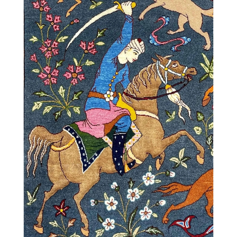 Unique Isfahan Seirafian rug featuring a traditional Persian hunting narrative.