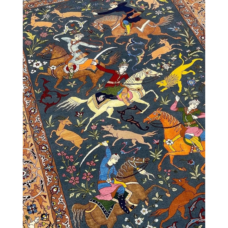 Handmade Persian rug with lifelike hunting designs and natural dyes.
