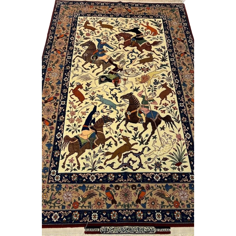 Full view of a hand-knotted Seirafian hunting scene rug, crafted by Master Ahmad Seirafian with silk and wool.