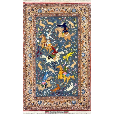 Hand-knotted Persian rug featuring an elaborate hunting scene by Master Hassan Seirafian.
