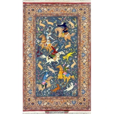Hand-knotted Persian rug featuring an elaborate hunting scene by Master Hassan Seirafian.
