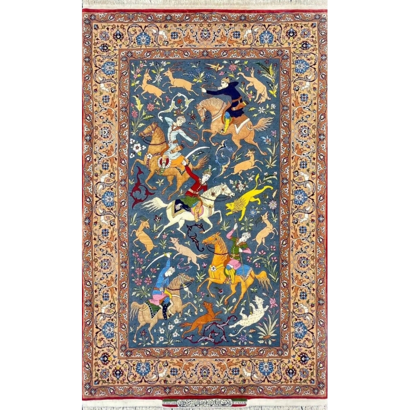 Hand-knotted Persian rug featuring an elaborate hunting scene by Master Hassan Seirafian.
