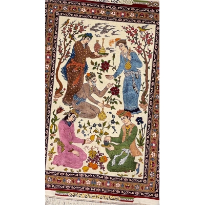 Hand-knotted Seirafian Persian rug with silk figures, 100x70 cm